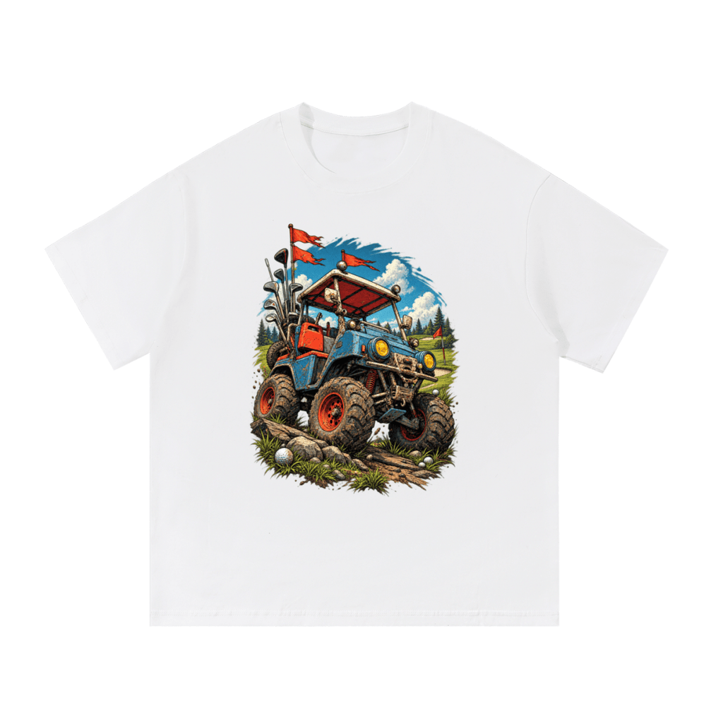 White Battle-Hardened Golf Cart T-shirt, front view with a blue off-road golf cart, oversized tires and red flags.