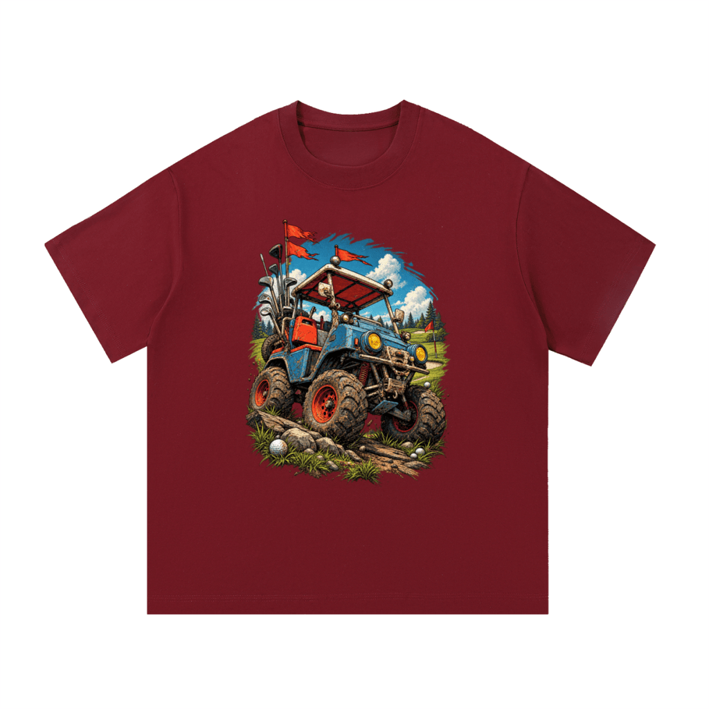 Burgundy Battle-Hardened Golf Cart T-shirt, front view with a blue off-road golf cart, oversized tires and red flags.