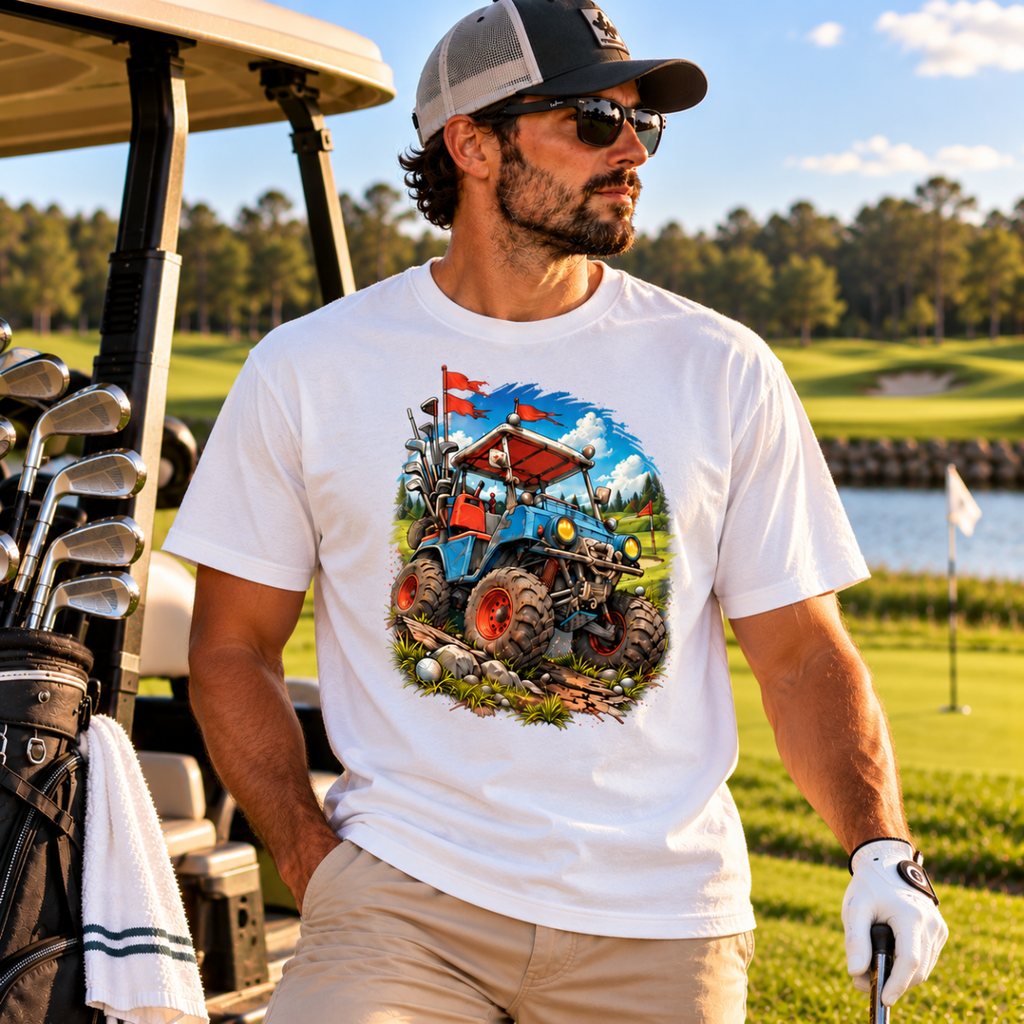 Model wearing a white Battle-Hardened Golf Cart T-shirt, beige pants, cap and golf glove beside a cart on a golf course.