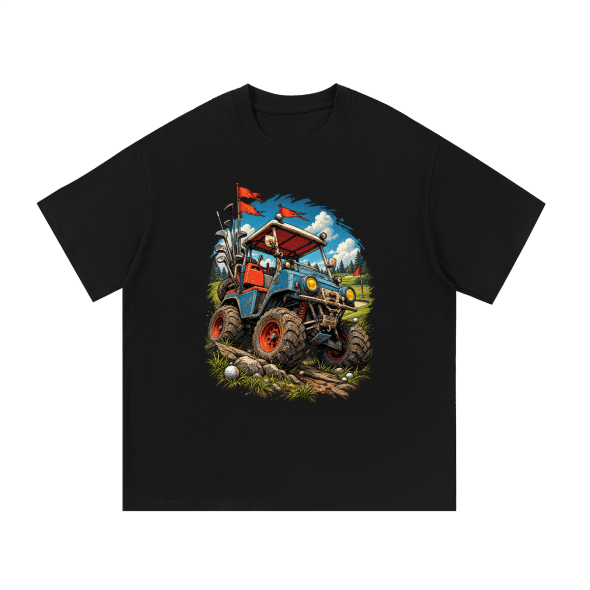 Black Battle-Hardened Golf Cart T-shirt, front view with a blue off-road golf cart, oversized tires and red flags.