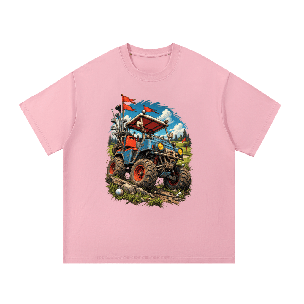 Pink Battle-Hardened Golf Cart T-shirt, front view with a blue off-road golf cart, oversized tires and red flags.