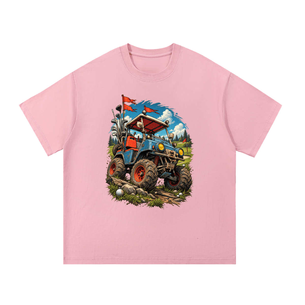 Pink Battle-Hardened Golf Cart T-shirt, front view with a blue off-road golf cart, oversized tires and red flags.