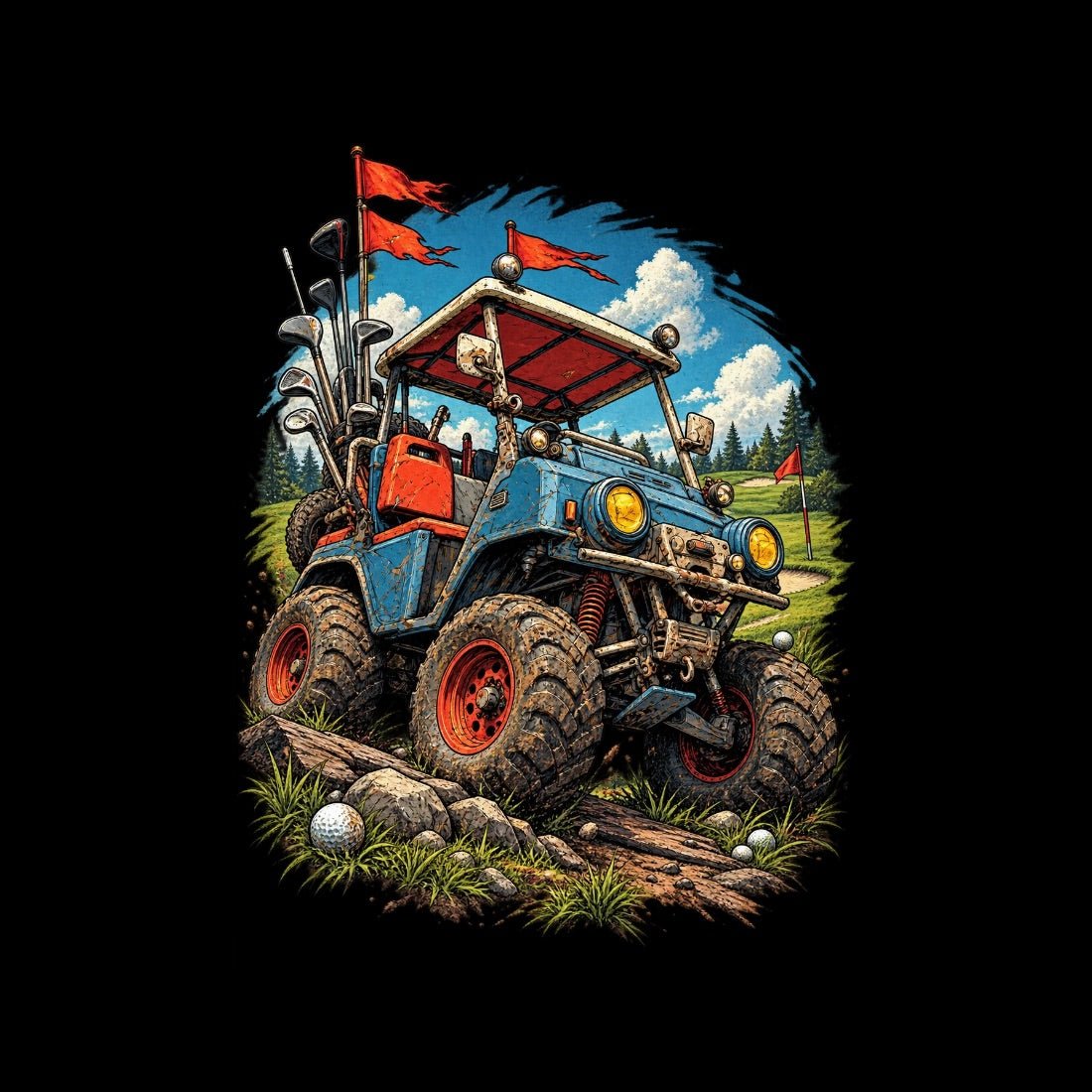 Close-up of Battle-Hardened Golf Cart artwork on black, showing a blue cart with oversized muddy tires, red flags and golf clubs.