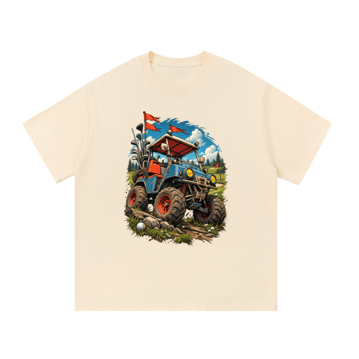 Cream Battle-Hardened Golf Cart T-shirt, front view with a blue off-road golf cart, oversized tires and red flags.