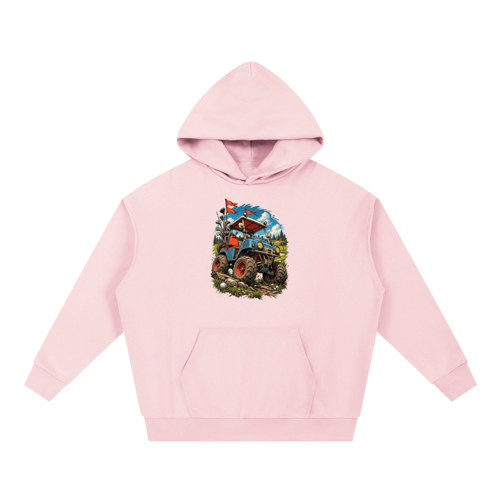 Light pink Battle-Hardened Golf Cart heavyweight hoodie, front view with a rugged golf cart with oversized tires, golf clubs and red flags.