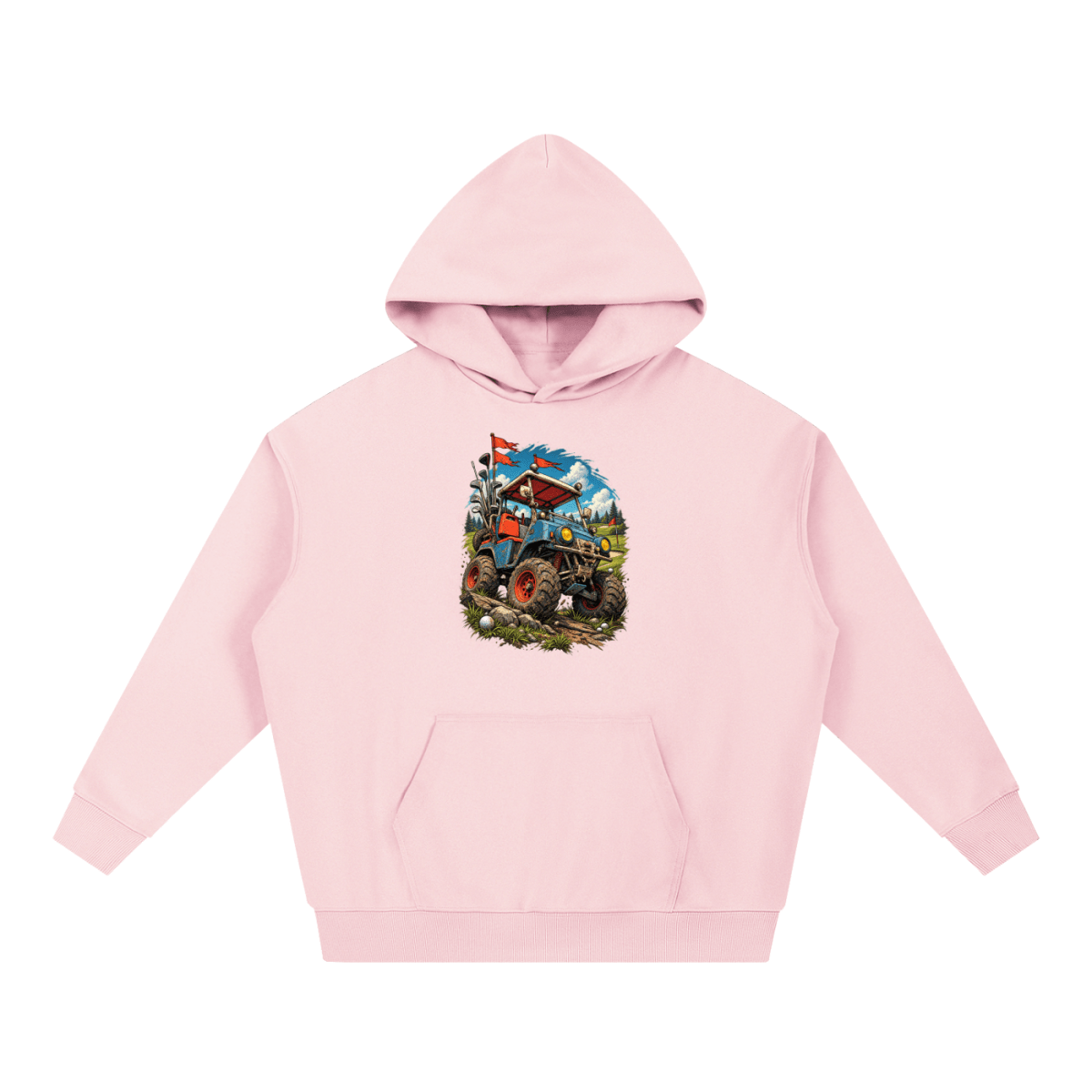 Light pink Battle-Hardened Golf Cart heavyweight hoodie, front view with a rugged golf cart with oversized tires, golf clubs and red flags.