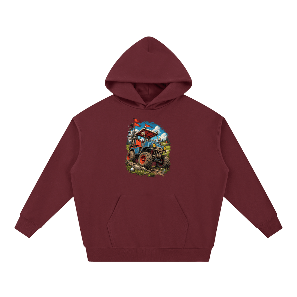 Burgundy Battle-Hardened Golf Cart heavyweight hoodie, front view with a rugged golf cart with oversized tires, golf clubs and red flags.