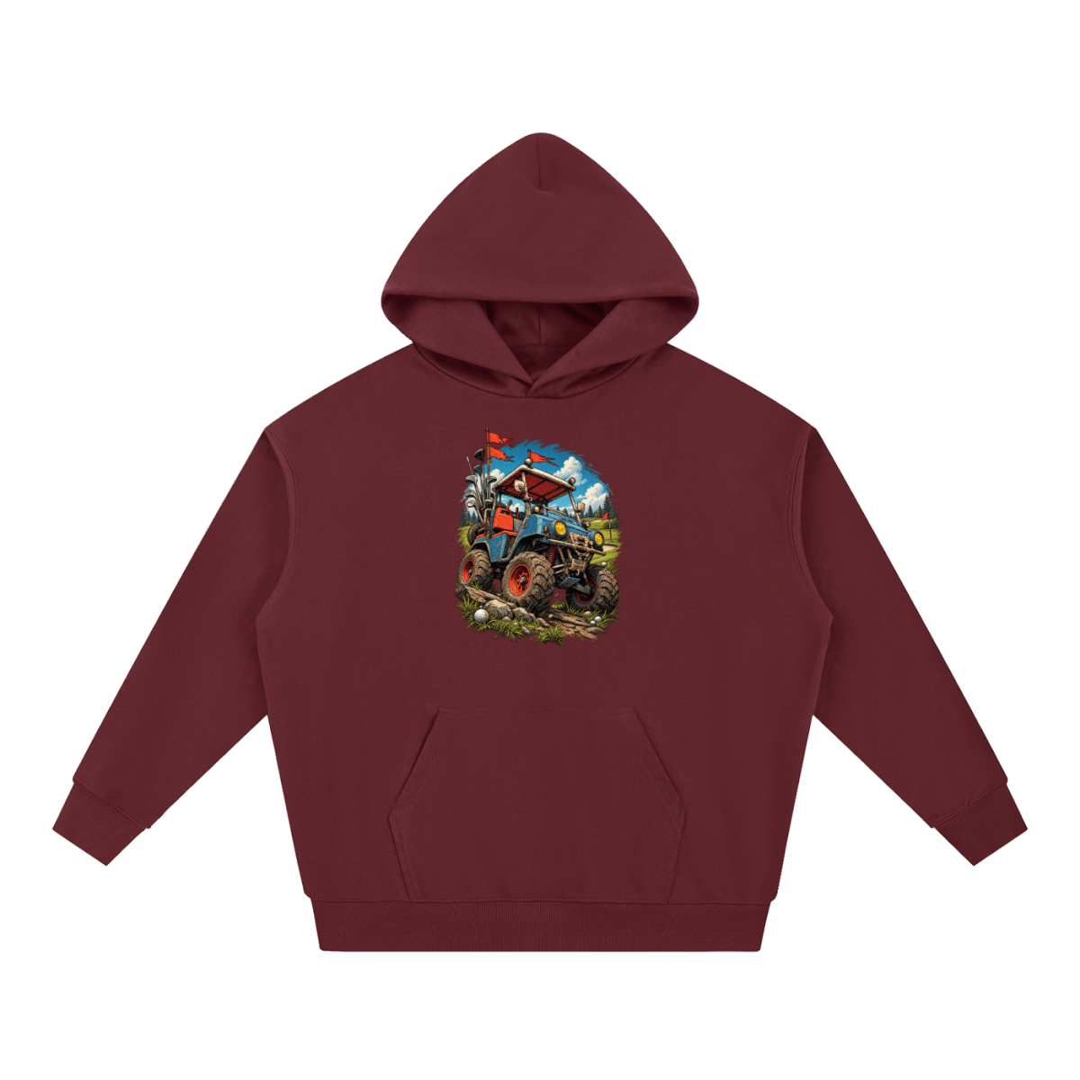 Burgundy Battle-Hardened Golf Cart heavyweight hoodie, front view with a rugged golf cart with oversized tires, golf clubs and red flags.