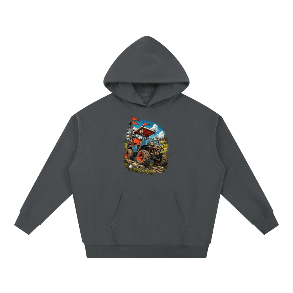 Charcoal gray Battle-Hardened Golf Cart heavyweight hoodie, front view with a rugged golf cart with oversized tires, golf clubs and red flags.