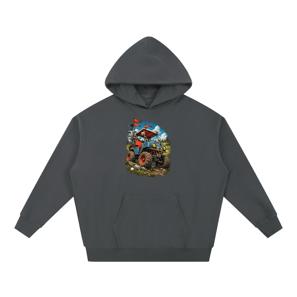 Charcoal gray Battle-Hardened Golf Cart heavyweight hoodie, front view with a rugged golf cart with oversized tires, golf clubs and red flags.