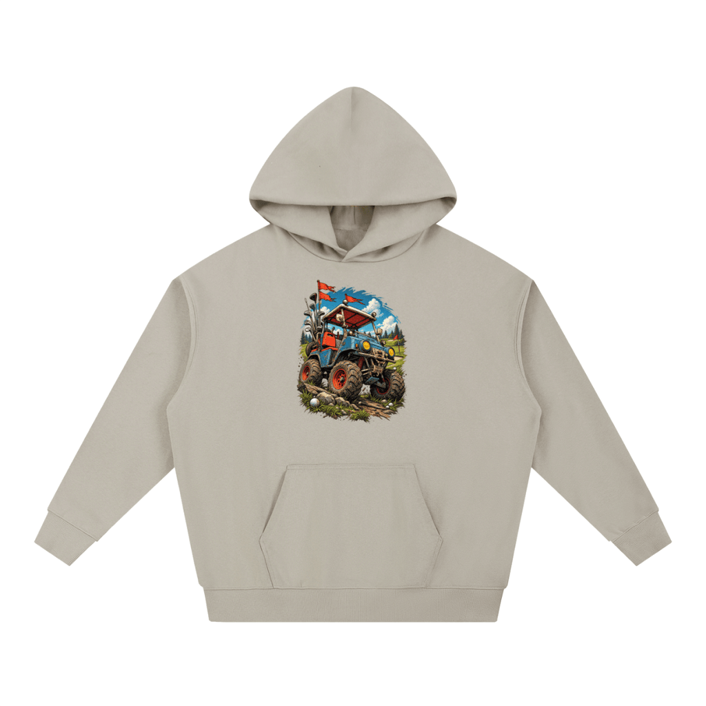 Taupe Battle-Hardened Golf Cart heavyweight hoodie, front view with a rugged golf cart with oversized tires, golf clubs and red flags.