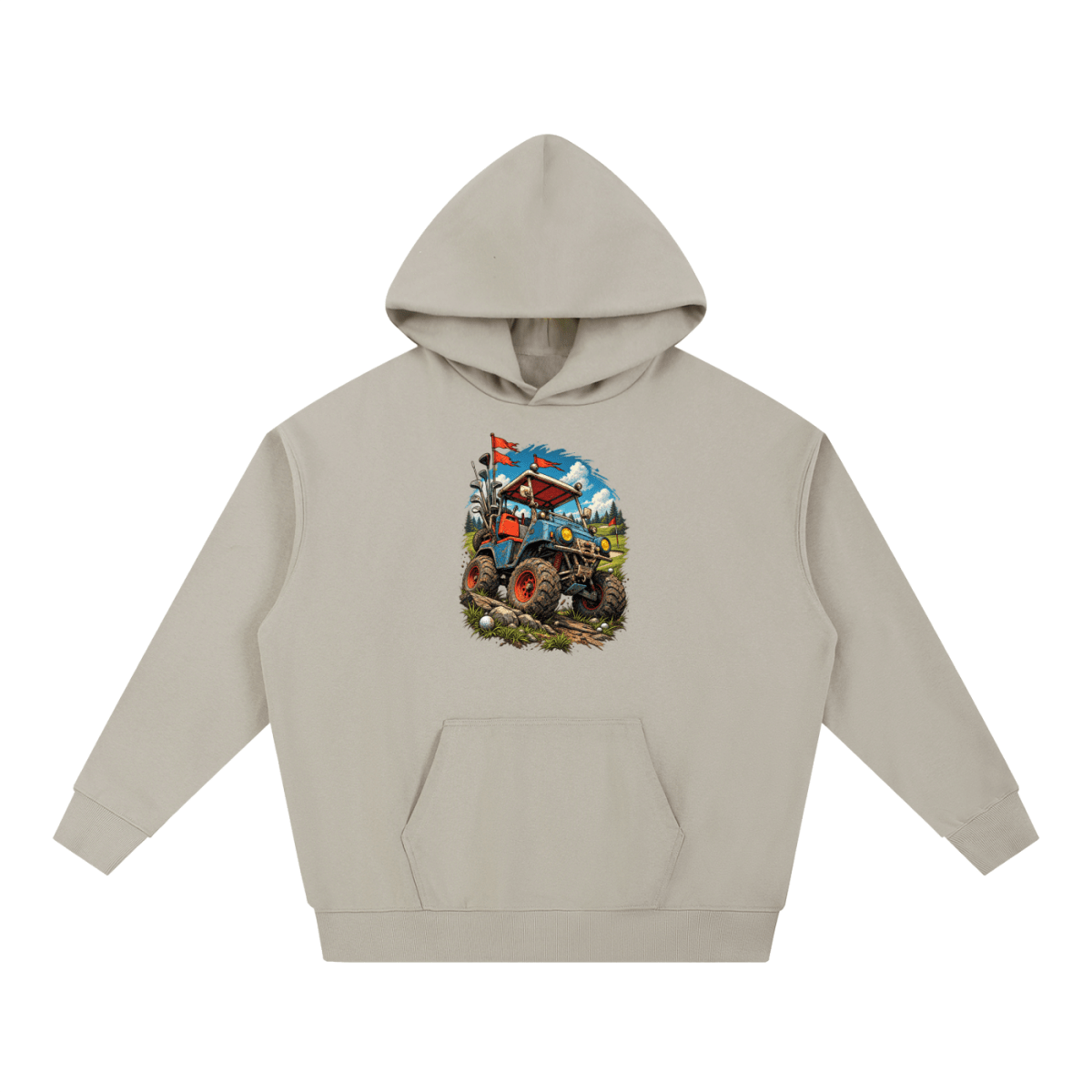 Taupe Battle-Hardened Golf Cart heavyweight hoodie, front view with a rugged golf cart with oversized tires, golf clubs and red flags.
