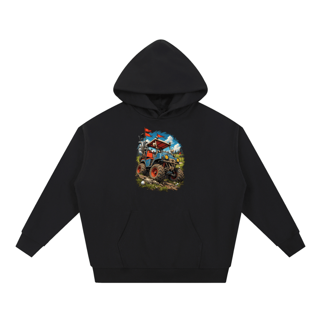 Black Battle-Hardened Golf Cart heavyweight hoodie, front view with a rugged golf cart with oversized tires, golf clubs and red flags.