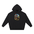 Black Battle-Hardened Golf Cart heavyweight hoodie, front view with a rugged golf cart with oversized tires, golf clubs and red flags.