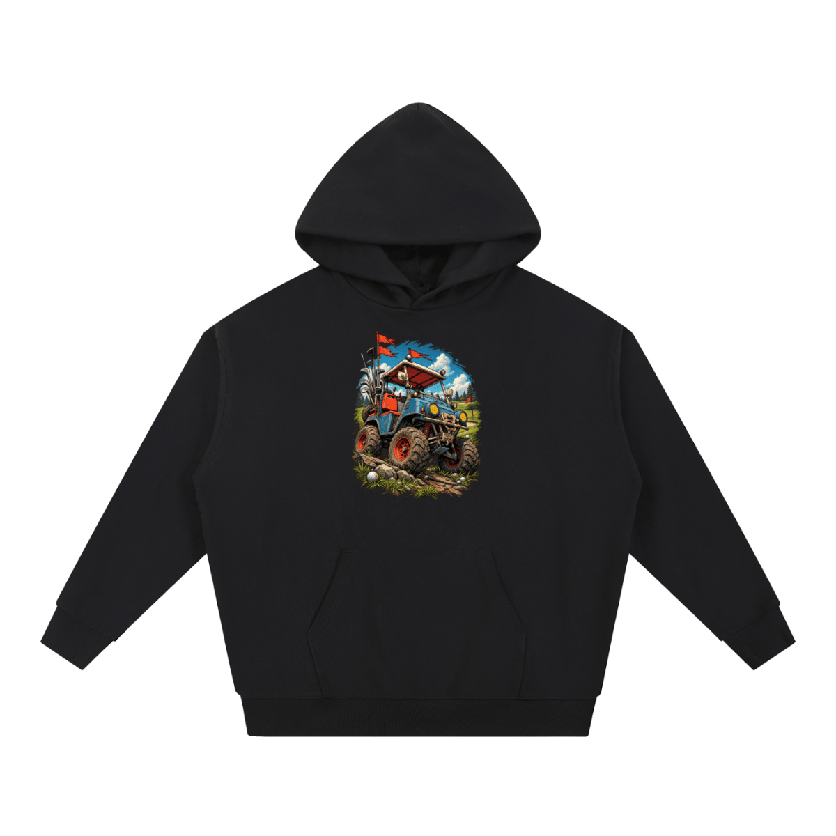 Black Battle-Hardened Golf Cart heavyweight hoodie, front view with a rugged golf cart with oversized tires, golf clubs and red flags.
