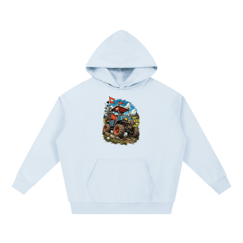 Light blue Battle-Hardened Golf Cart heavyweight hoodie, front view with a rugged golf cart with oversized tires, golf clubs and red flags.
