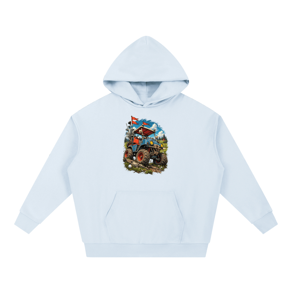 Light blue Battle-Hardened Golf Cart heavyweight hoodie, front view with a rugged golf cart with oversized tires, golf clubs and red flags.