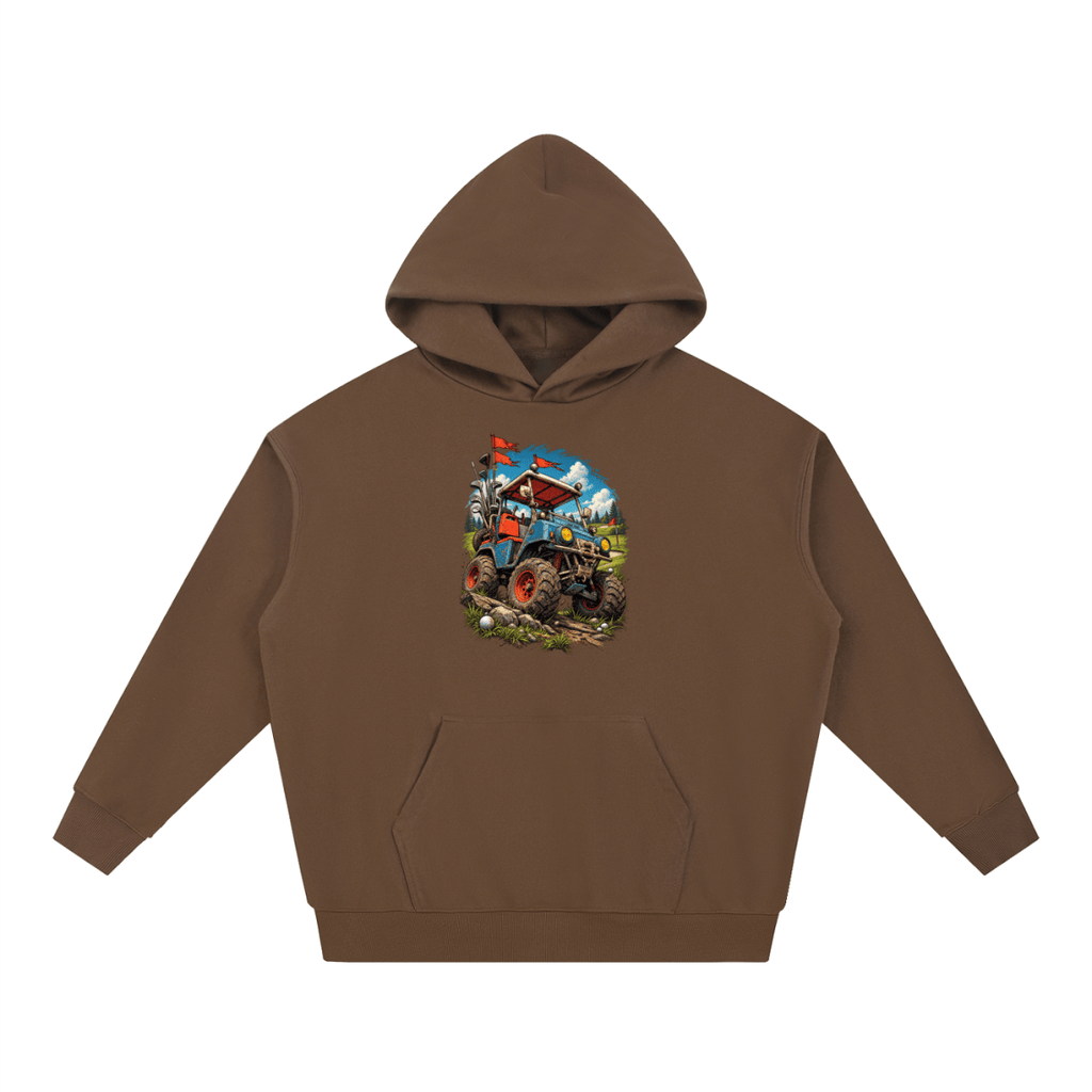 Brown Battle-Hardened Golf Cart heavyweight hoodie, front view with a rugged golf cart with oversized tires, golf clubs and red flags.