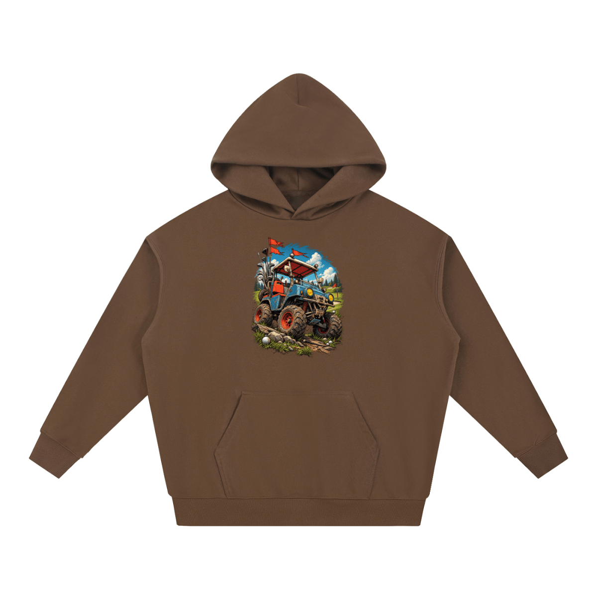 Brown Battle-Hardened Golf Cart heavyweight hoodie, front view with a rugged golf cart with oversized tires, golf clubs and red flags.