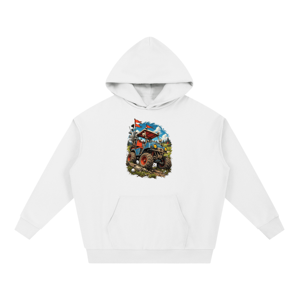 White Battle-Hardened Golf Cart heavyweight hoodie, front view with a rugged golf cart with oversized tires, golf clubs and red flags.
