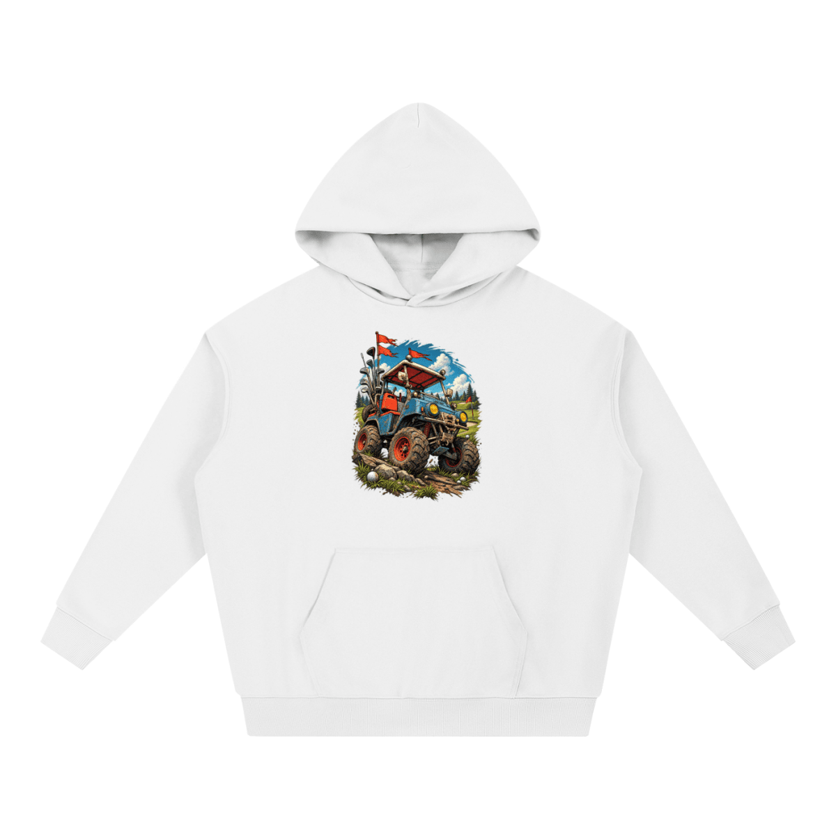 White Battle-Hardened Golf Cart heavyweight hoodie, front view with a rugged golf cart with oversized tires, golf clubs and red flags.