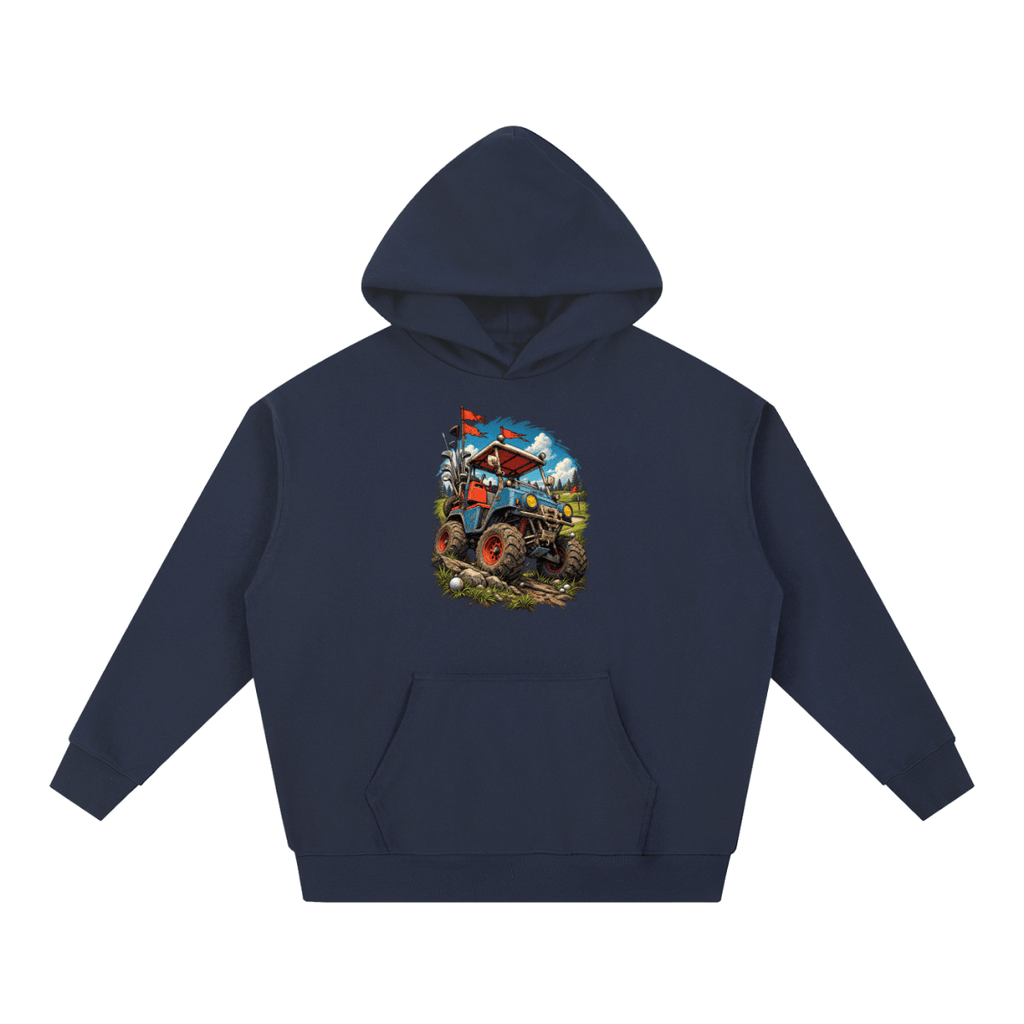 Navy blue Battle-Hardened Golf Cart heavyweight hoodie, front view with a rugged golf cart with oversized tires, golf clubs and red flags.
