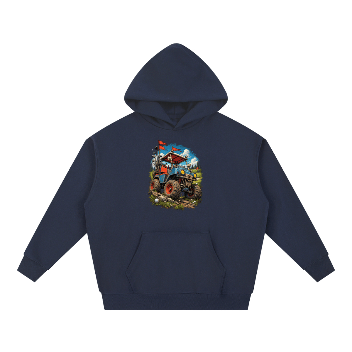 Navy blue Battle-Hardened Golf Cart heavyweight hoodie, front view with a rugged golf cart with oversized tires, golf clubs and red flags.
