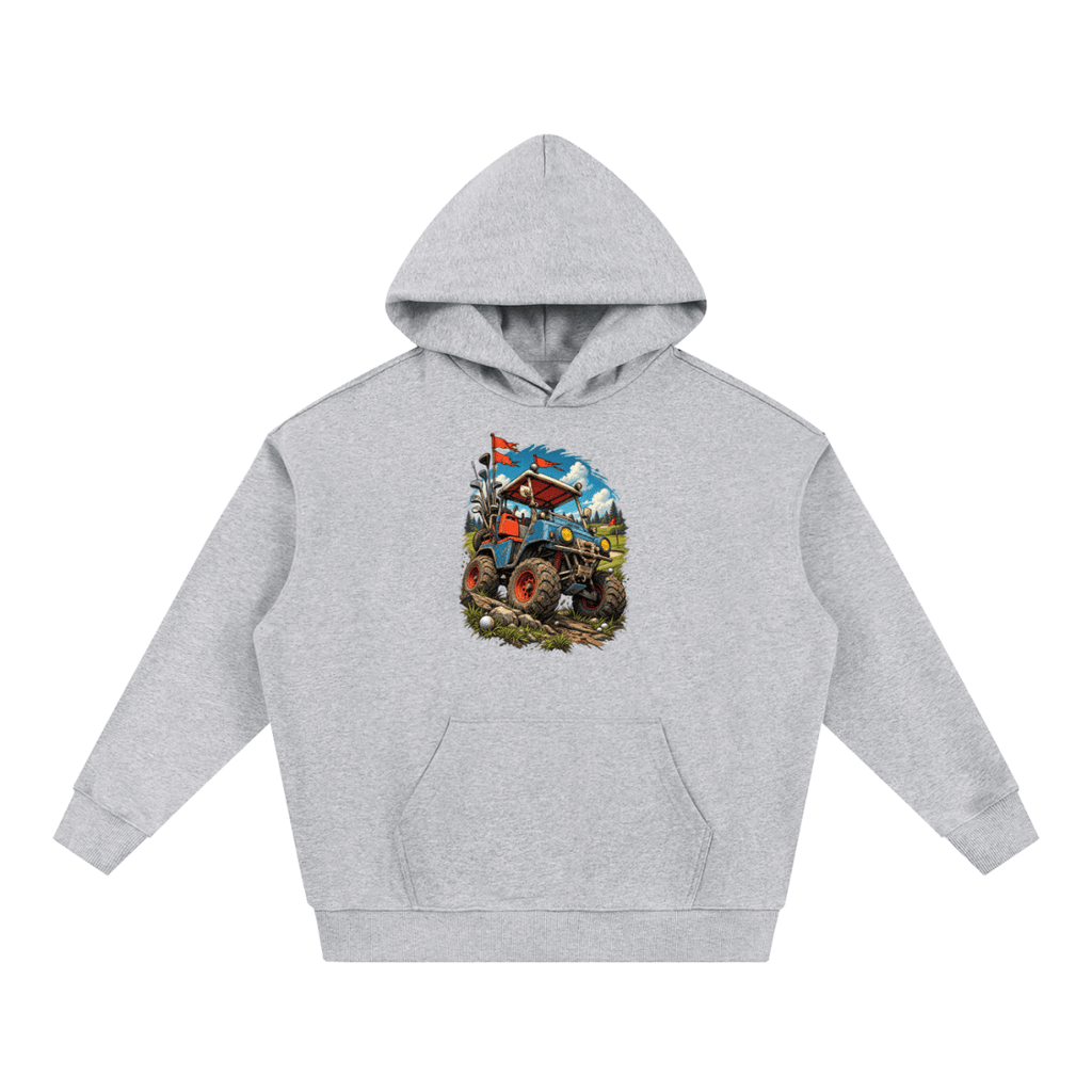 Light gray Battle-Hardened Golf Cart heavyweight hoodie, front view with a rugged golf cart with oversized tires, golf clubs and red flags.