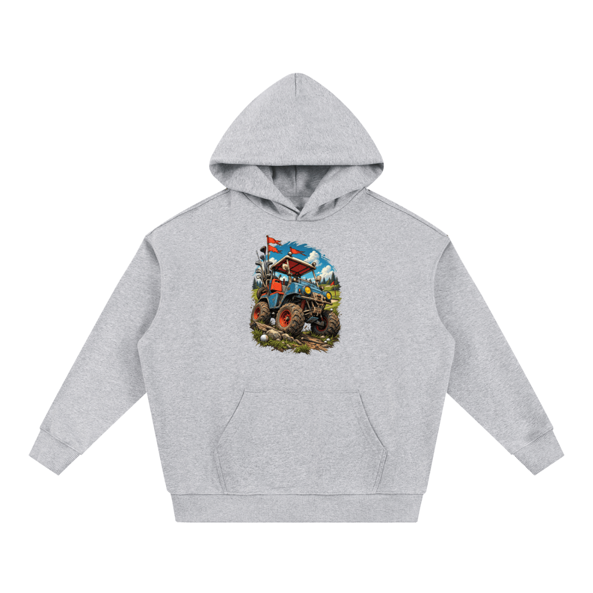 Light gray Battle-Hardened Golf Cart heavyweight hoodie, front view with a rugged golf cart with oversized tires, golf clubs and red flags.