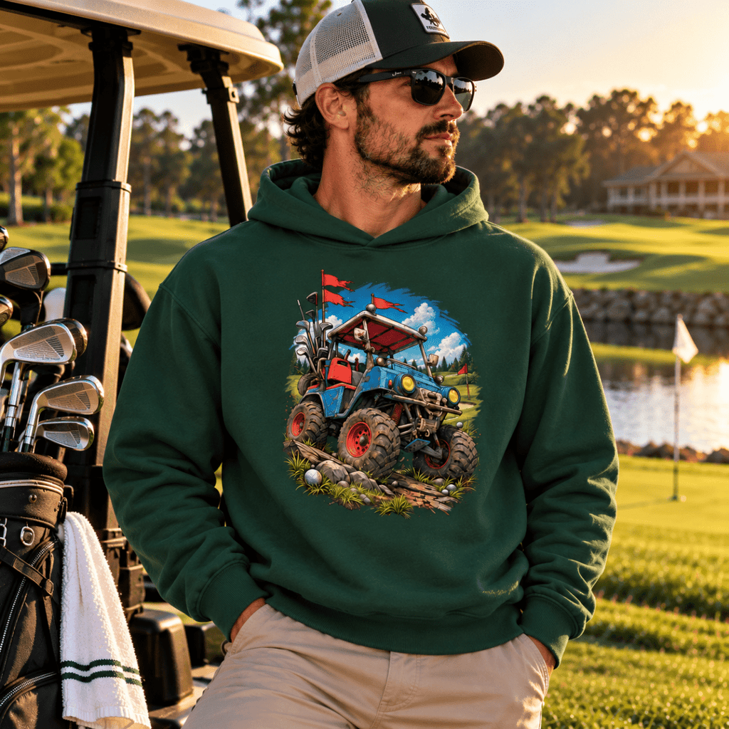 Model wearing a forest green Battle-Hardened Golf Cart hoodie, khaki pants, cap and sunglasses beside a golf cart.