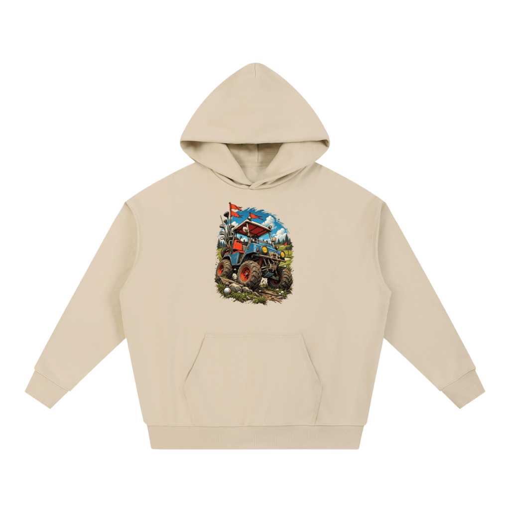 Beige Battle-Hardened Golf Cart heavyweight hoodie, front view with a rugged golf cart with oversized tires, golf clubs and red flags.
