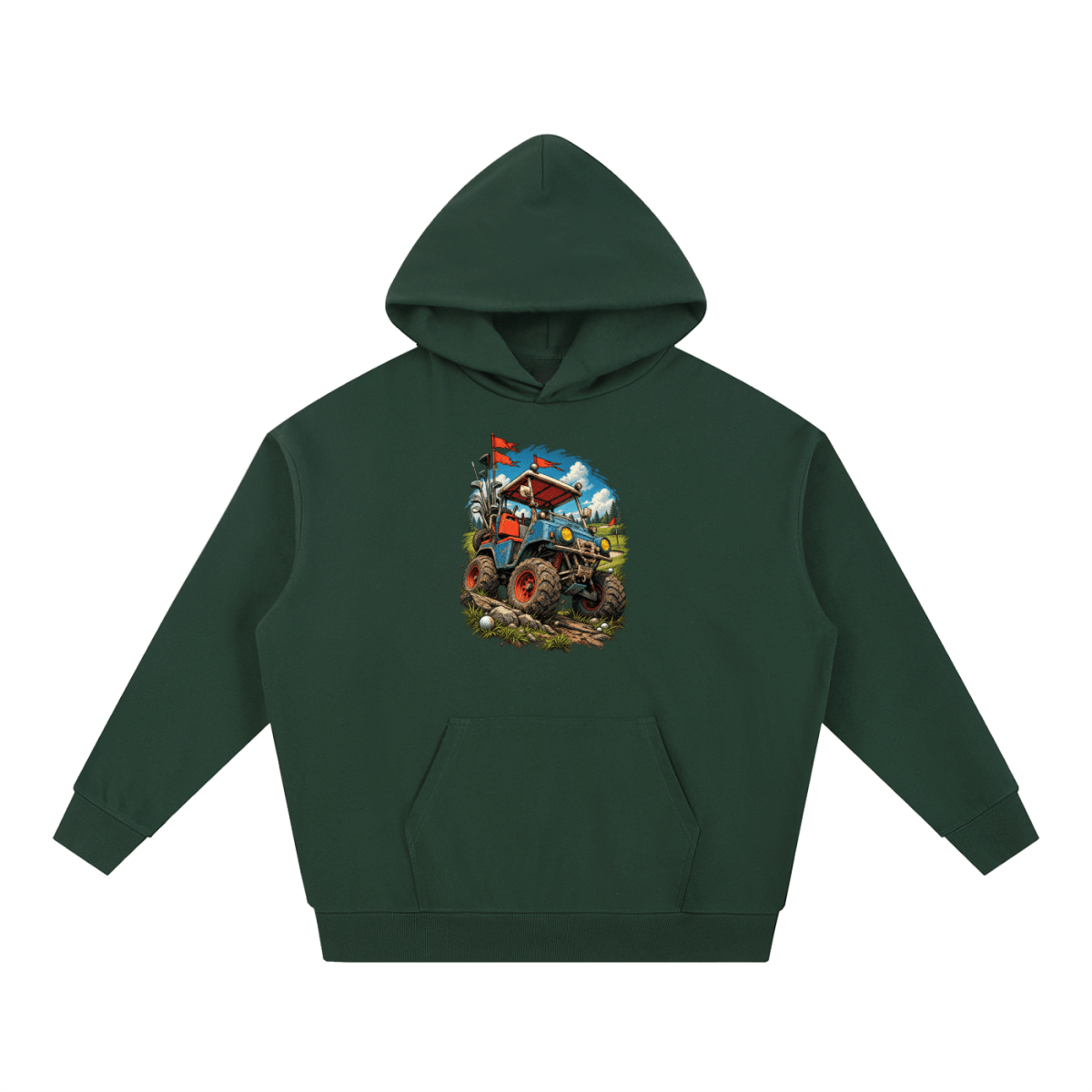 Forest green Battle-Hardened Golf Cart heavyweight hoodie, front view with a rugged golf cart with oversized tires, golf clubs and red flags.