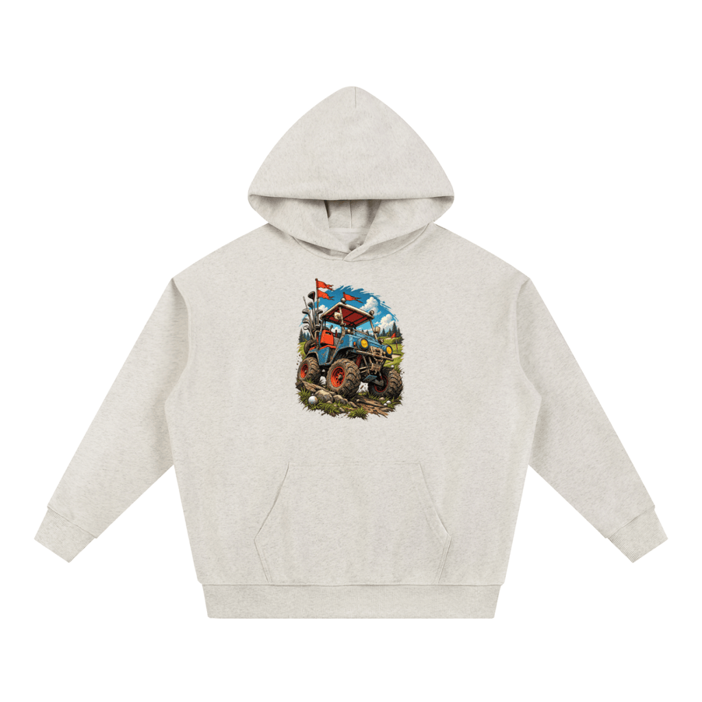 Oatmeal Battle-Hardened Golf Cart heavyweight hoodie, front view with a rugged golf cart with oversized tires, golf clubs and red flags.