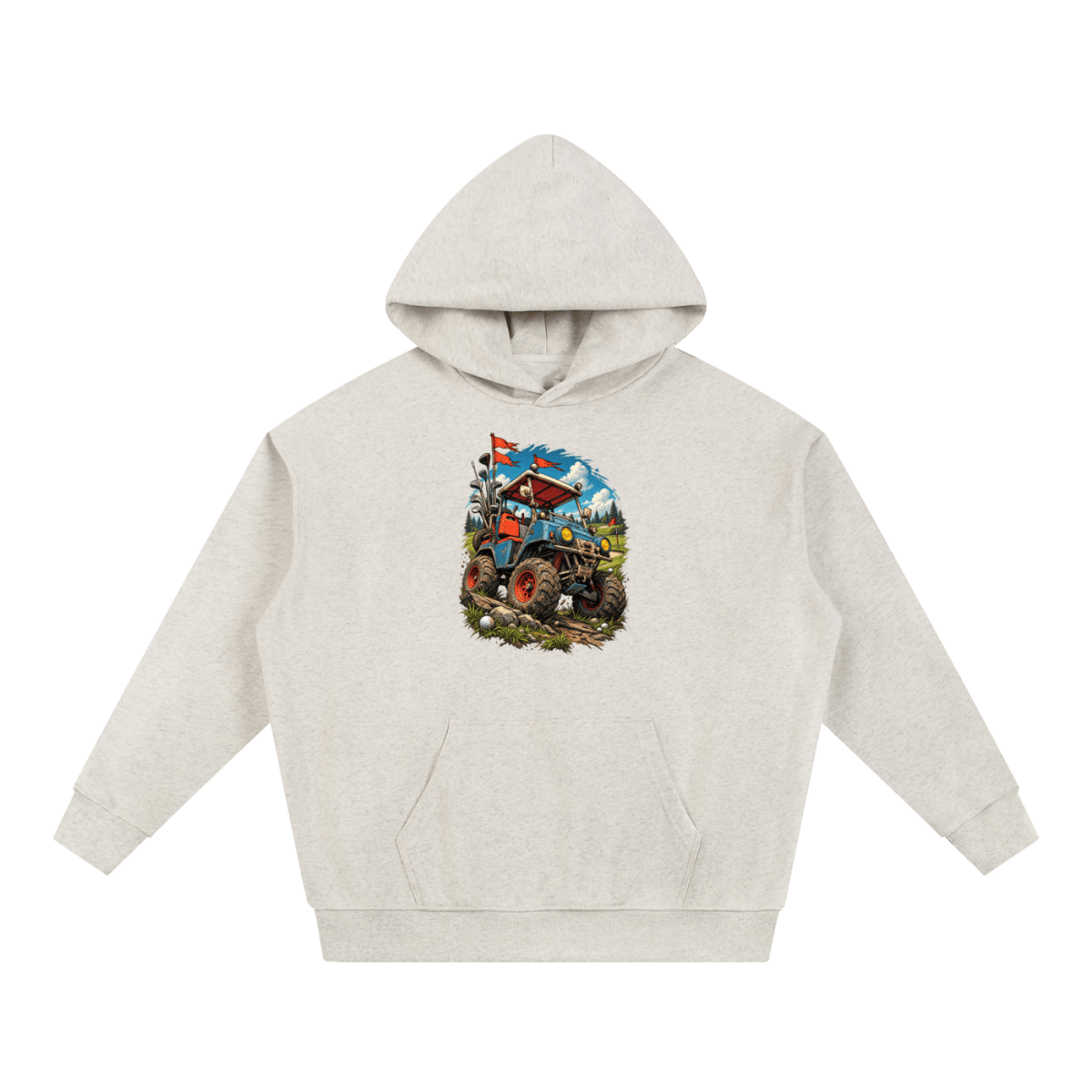 Oatmeal Battle-Hardened Golf Cart heavyweight hoodie, front view with a rugged golf cart with oversized tires, golf clubs and red flags.