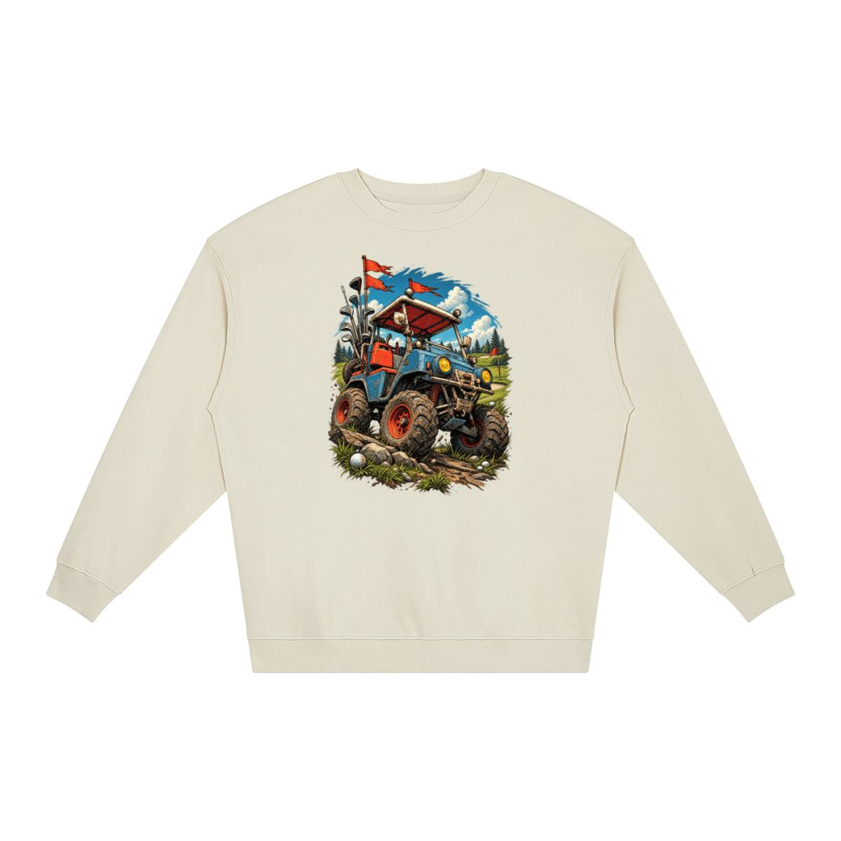 Ivory Battle-Hardened Golf Cart loose crewneck sweatshirt, front view with a rugged golf cart with oversized tires, golf clubs and red flags.