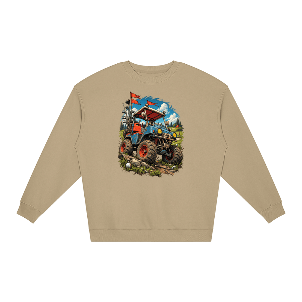 Khaki Battle-Hardened Golf Cart loose crewneck sweatshirt, front view with a rugged golf cart with oversized tires, golf clubs and red flags.