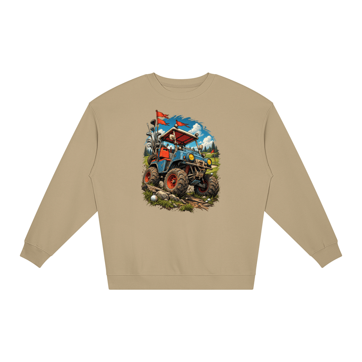 Khaki Battle-Hardened Golf Cart loose crewneck sweatshirt, front view with a rugged golf cart with oversized tires, golf clubs and red flags.