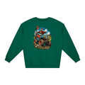 Green Battle-Hardened Golf Cart loose crewneck sweatshirt, front view with a rugged golf cart with oversized tires, golf clubs and red flags.