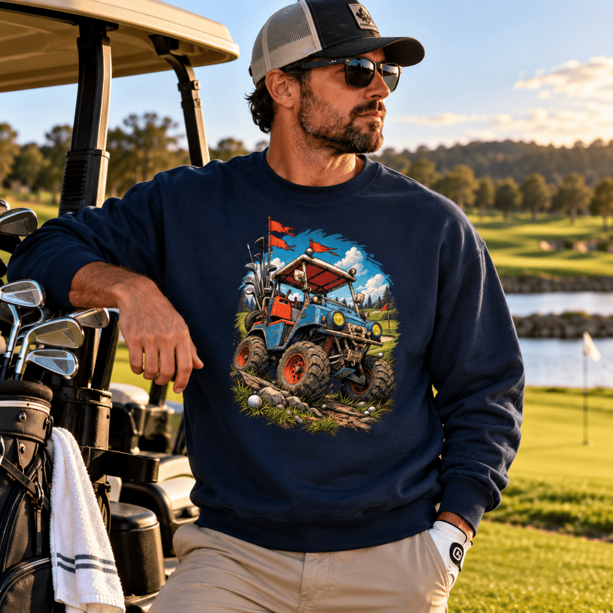 Model wearing a navy blue Battle-Hardened Golf Cart sweatshirt, khaki pants, cap and sunglasses beside a golf cart.