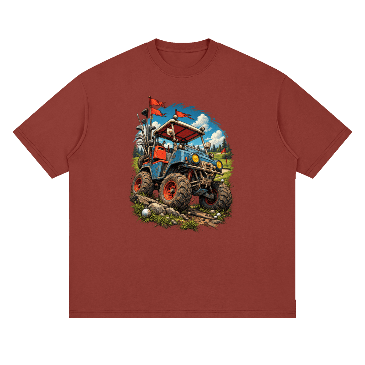 Rust red Battle-Hardened Golf Cart drop-shoulder T-shirt, front view with a blue cart, oversized tires and red flags.