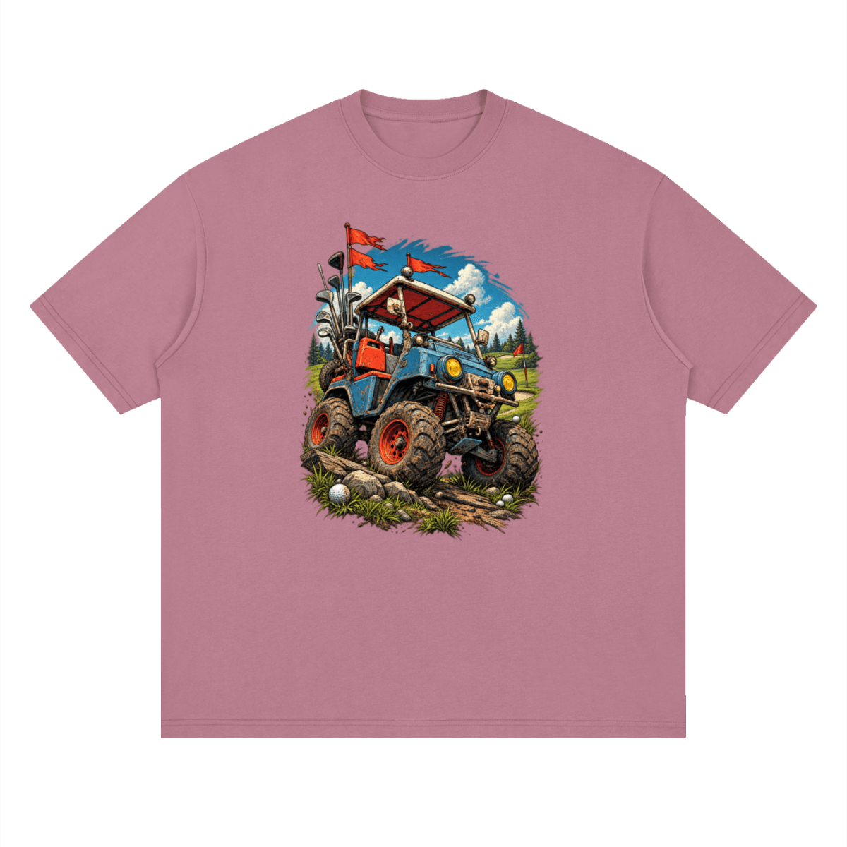 Dusty pink Battle-Hardened Golf Cart drop-shoulder T-shirt, front view with a blue cart, oversized tires and red flags.