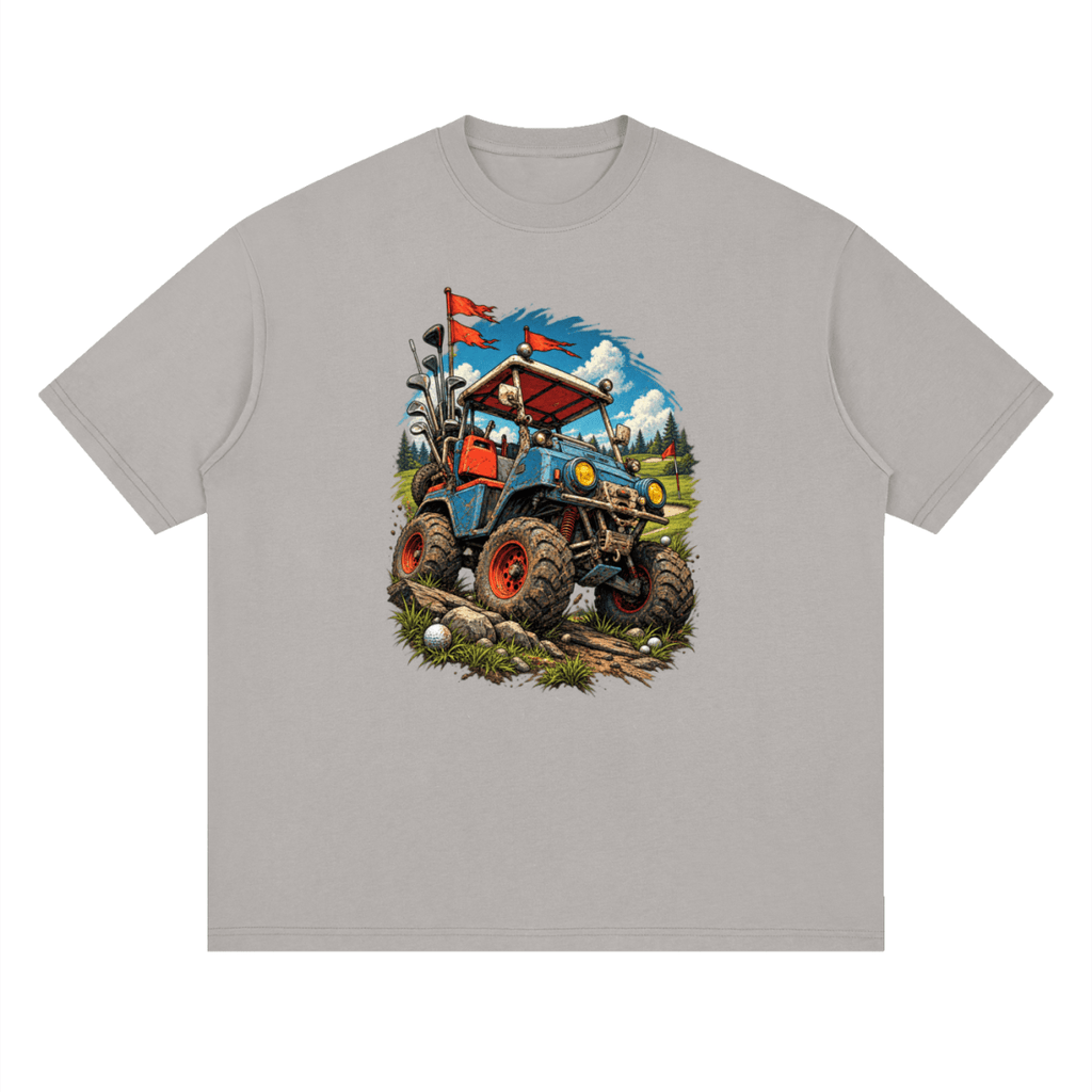 Light gray Battle-Hardened Golf Cart drop-shoulder T-shirt, front view with a blue cart, oversized tires and red flags.