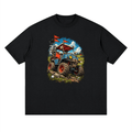 Black Battle-Hardened Golf Cart drop-shoulder T-shirt, front view with a blue cart, oversized tires and red flags.