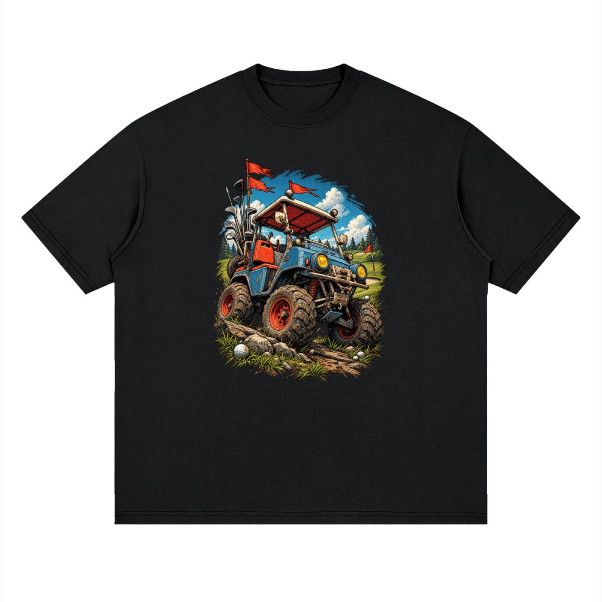Black Battle-Hardened Golf Cart drop-shoulder T-shirt, front view with a blue cart, oversized tires and red flags.