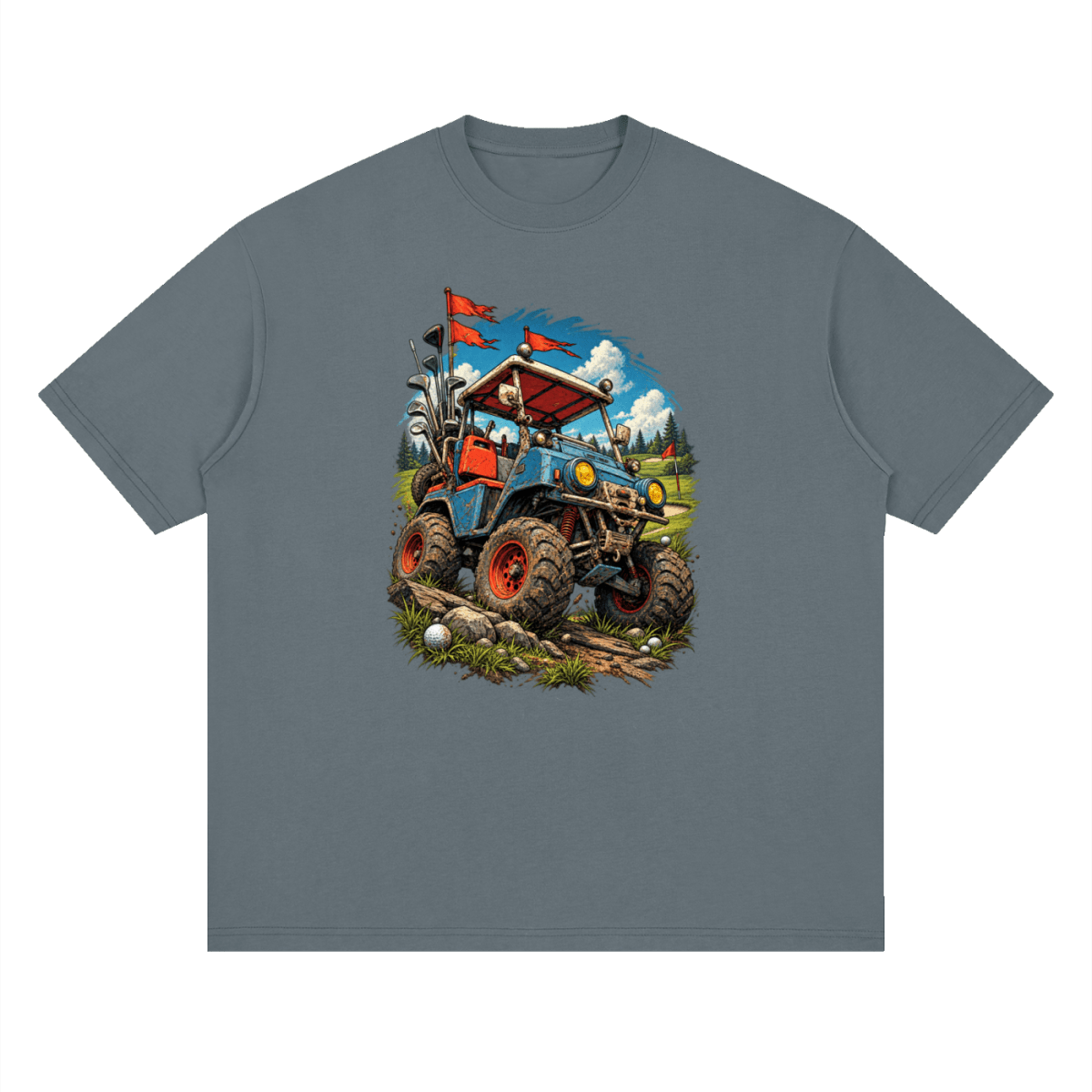 Slate gray Battle-Hardened Golf Cart drop-shoulder T-shirt, front view with a blue cart, oversized tires and red flags.