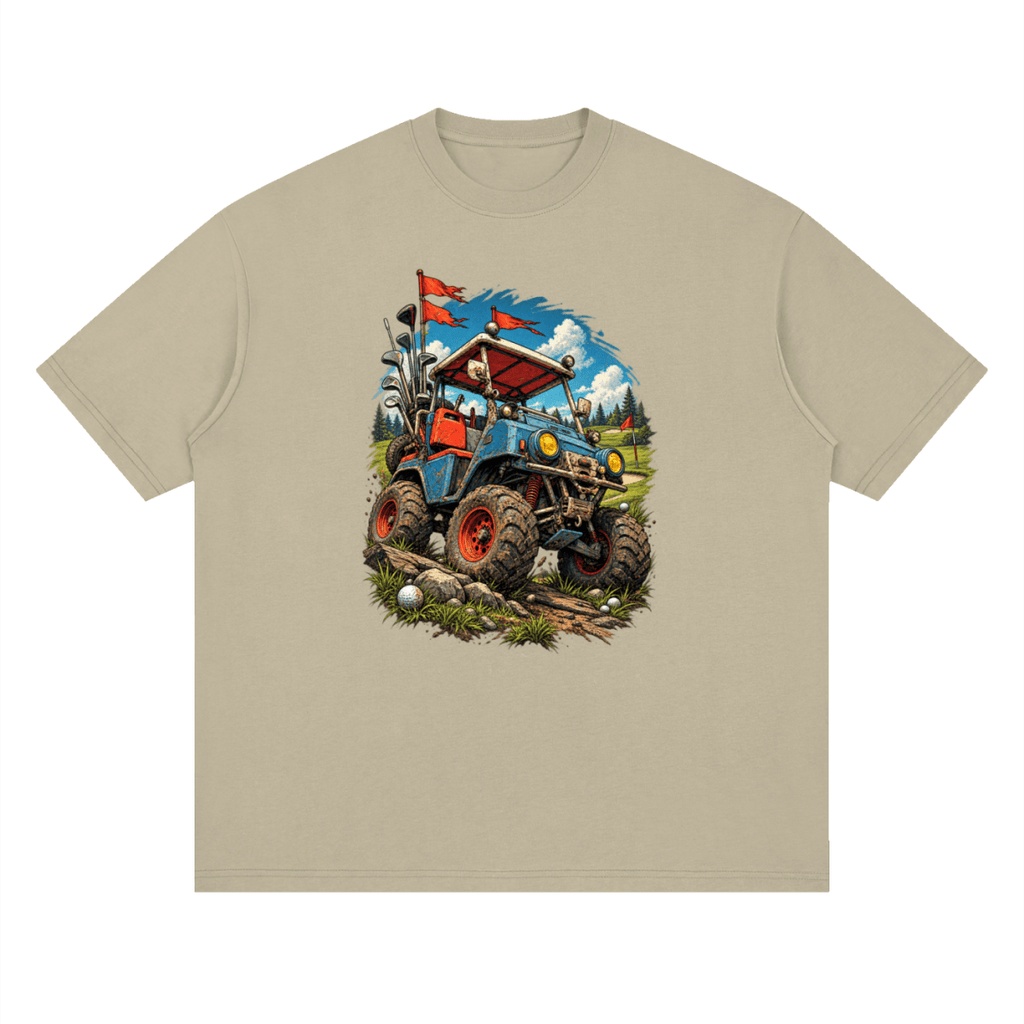 Khaki Battle-Hardened Golf Cart drop-shoulder T-shirt, front view with a blue cart, oversized tires and red flags.