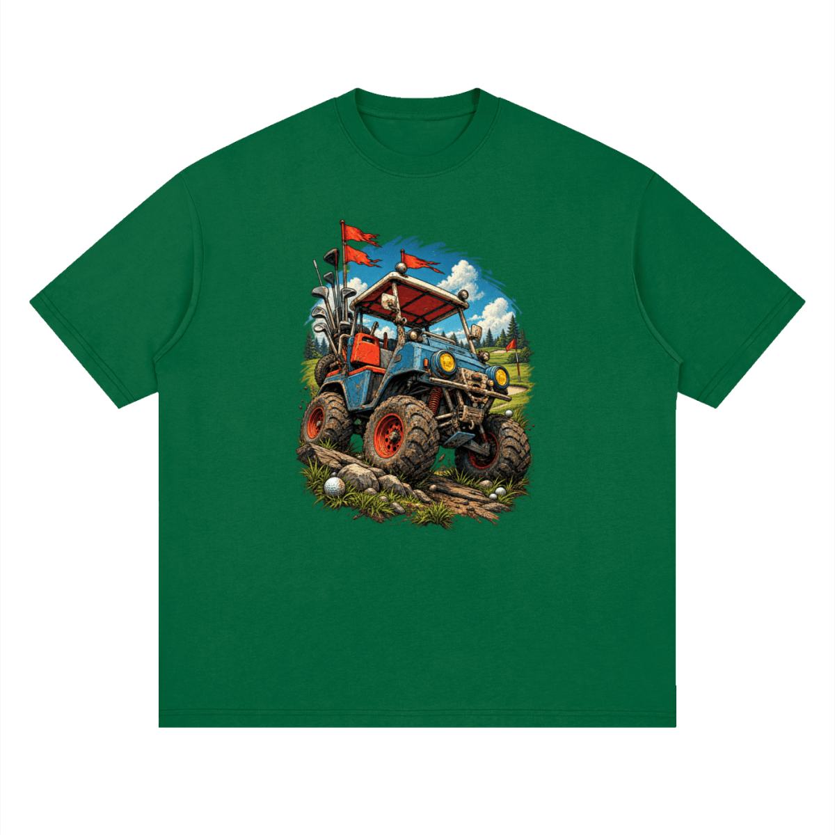 Green Battle-Hardened Golf Cart drop-shoulder T-shirt, front view with a blue cart, oversized tires and red flags.