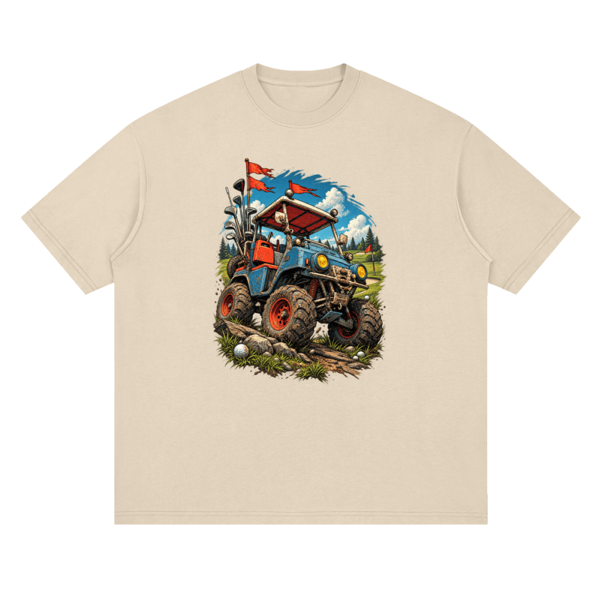 Cream Battle-Hardened Golf Cart drop-shoulder T-shirt, front view with a blue cart, oversized tires and red flags.