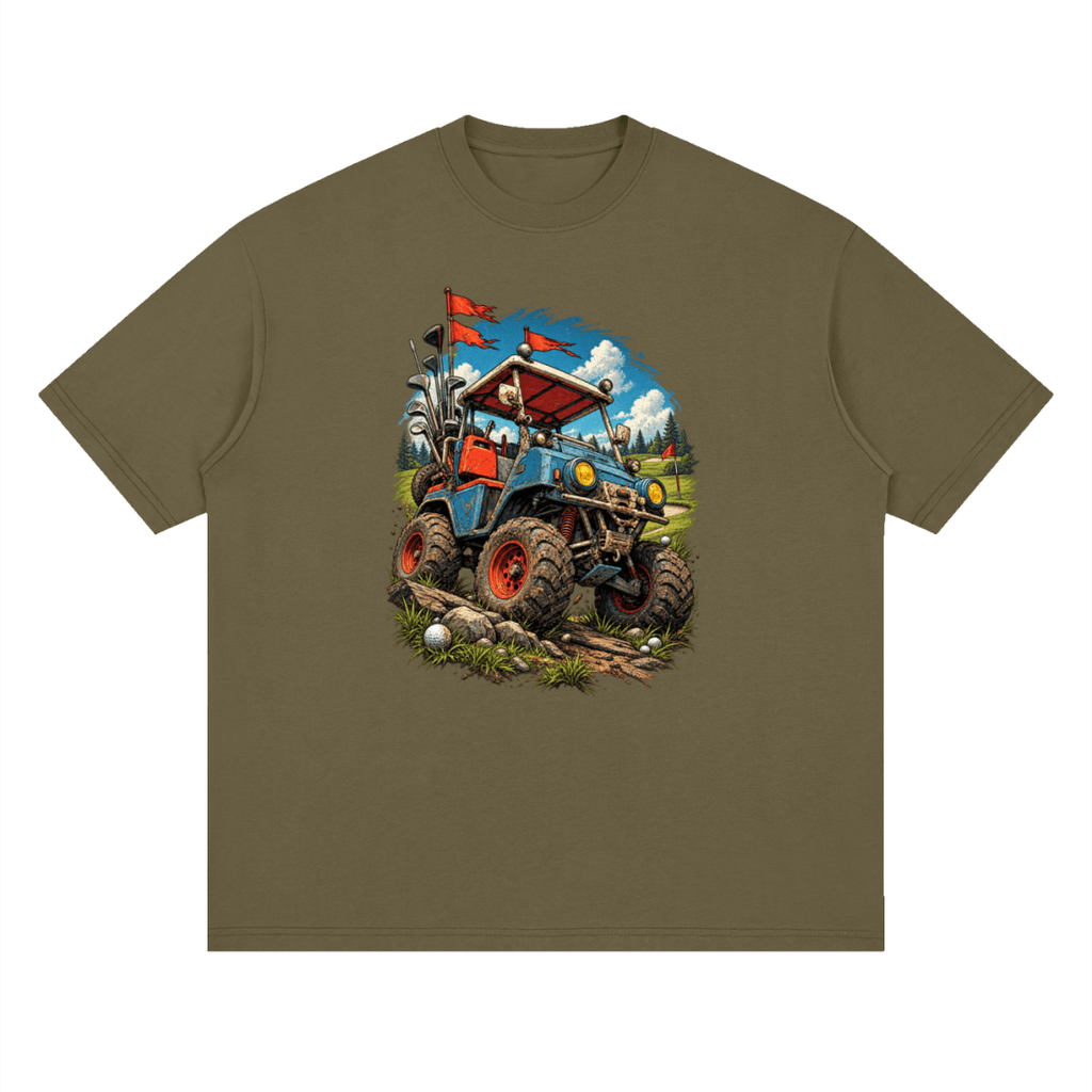 Olive brown Battle-Hardened Golf Cart drop-shoulder T-shirt, front view with a blue cart, oversized tires and red flags.