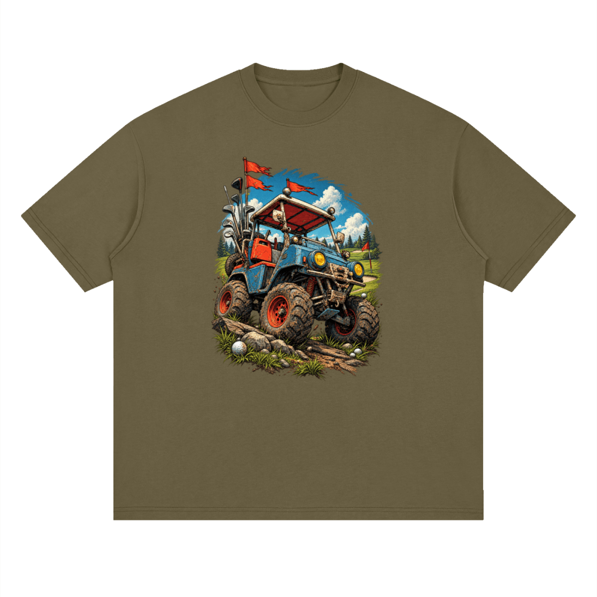 Olive brown Battle-Hardened Golf Cart drop-shoulder T-shirt, front view with a blue cart, oversized tires and red flags.